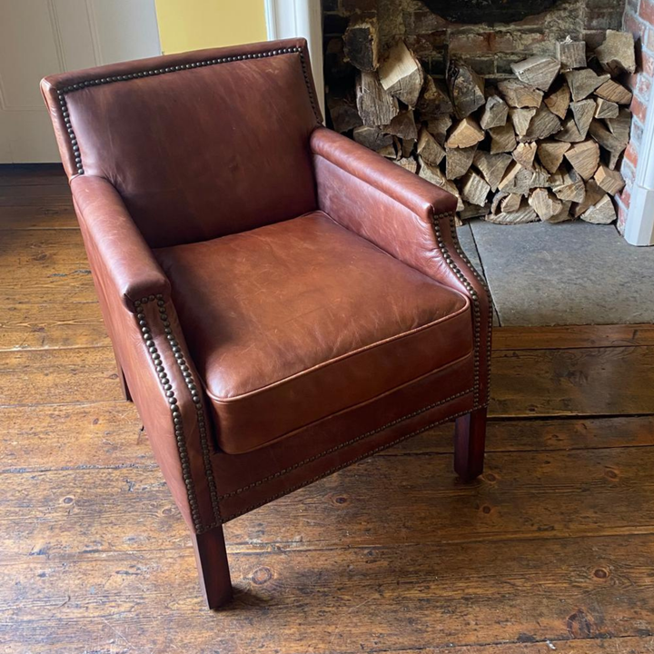 Alfred Club Chair – Vintage Tan Leather with Hand Studding