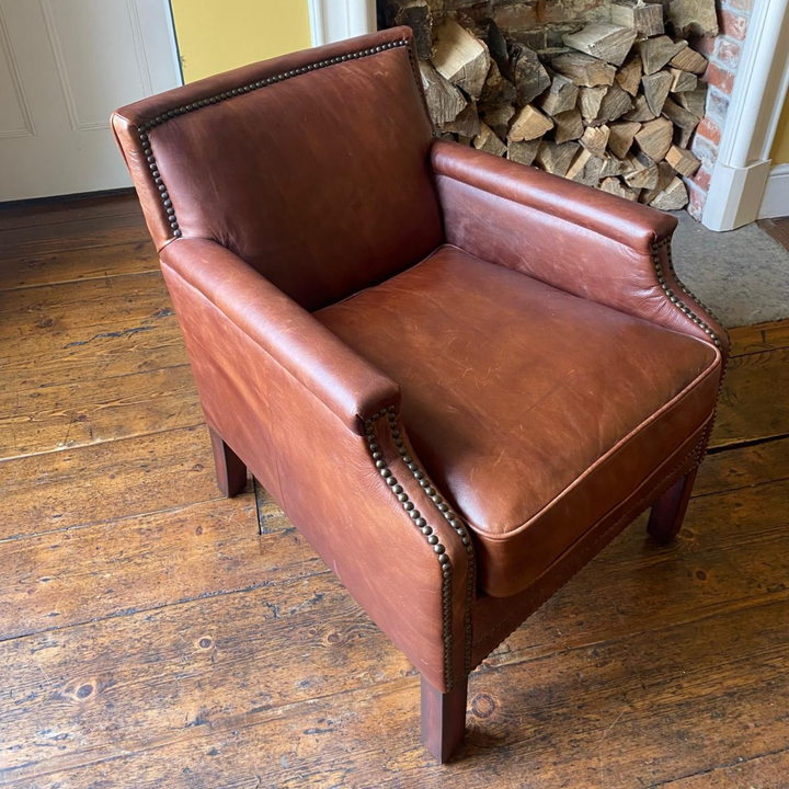 Alfred Club Chair – Vintage Tan Leather with Hand Studding