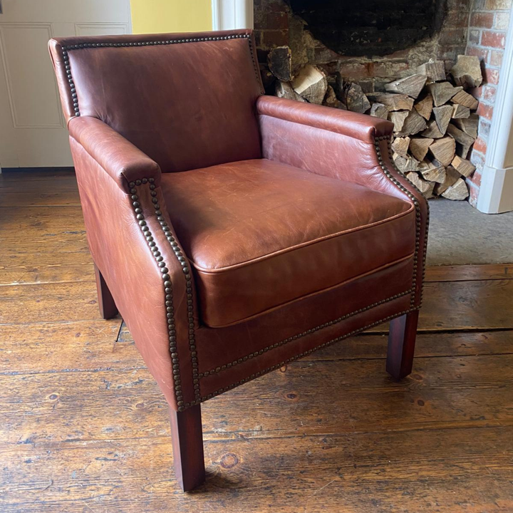 Alfred Club Chair – Vintage Tan Leather with Hand Studding