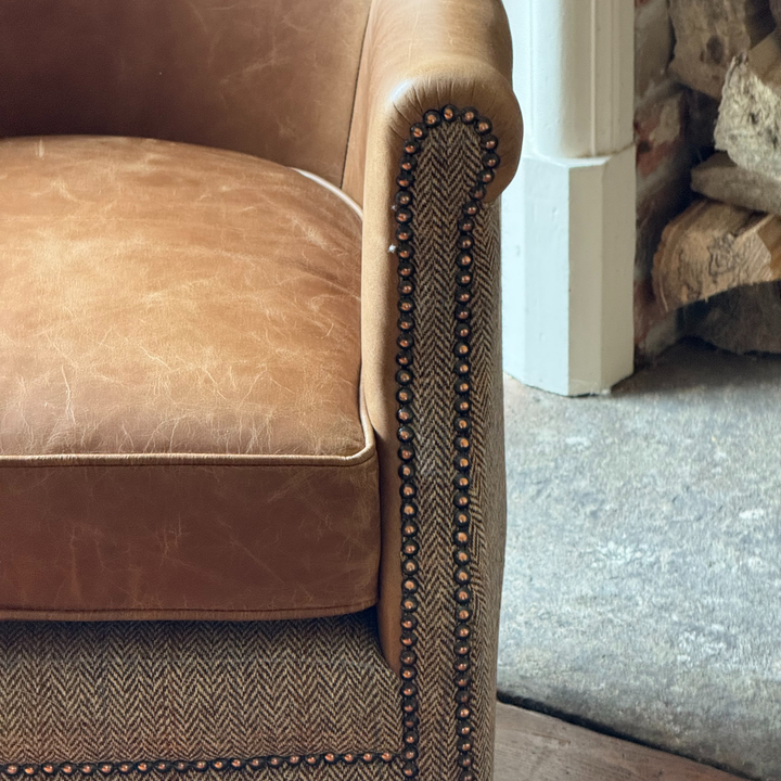 Eccentric Professor Armchair in Vintage Tan Leather & Harris Tweed