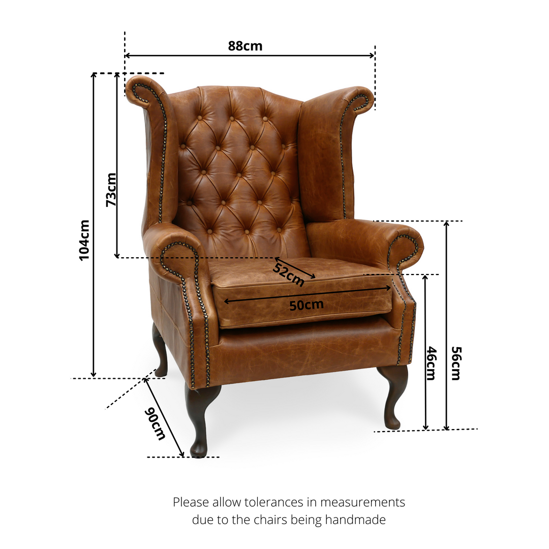 The Queen Anne Vintage Leather Chesterfield Wing Back Armchair