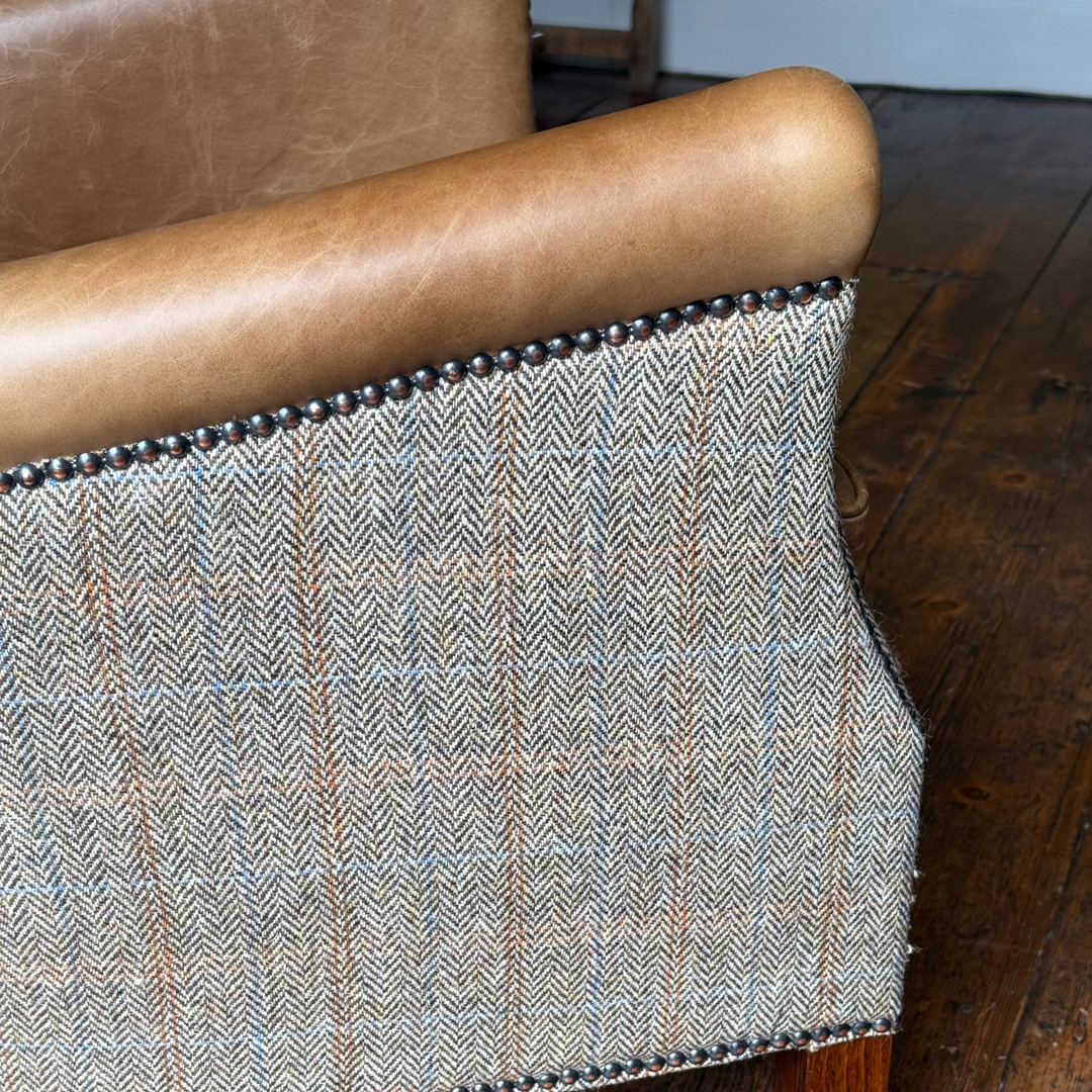 Eccentric Professor Armchair in Vintage Tan Leather & Harris Tweed