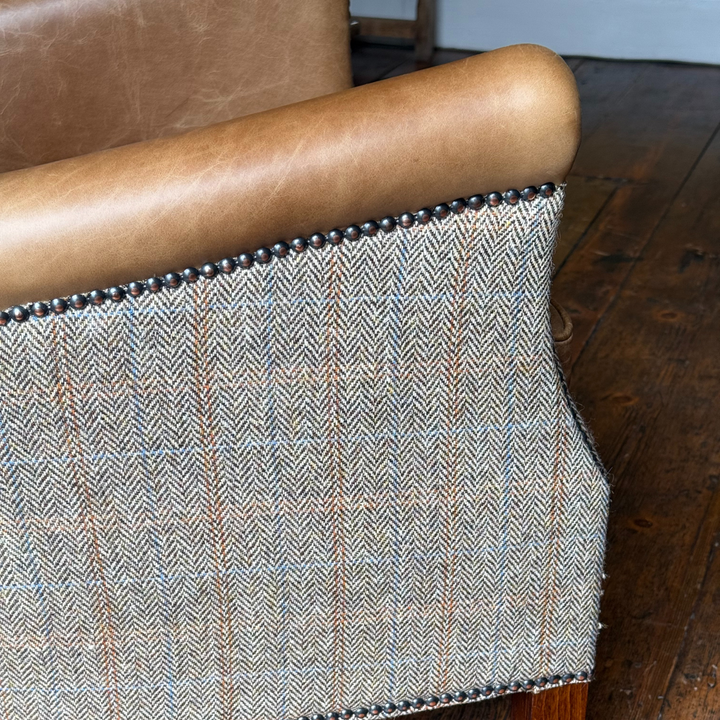 Eccentric Professor Armchair in Vintage Tan Leather & Harris Tweed
