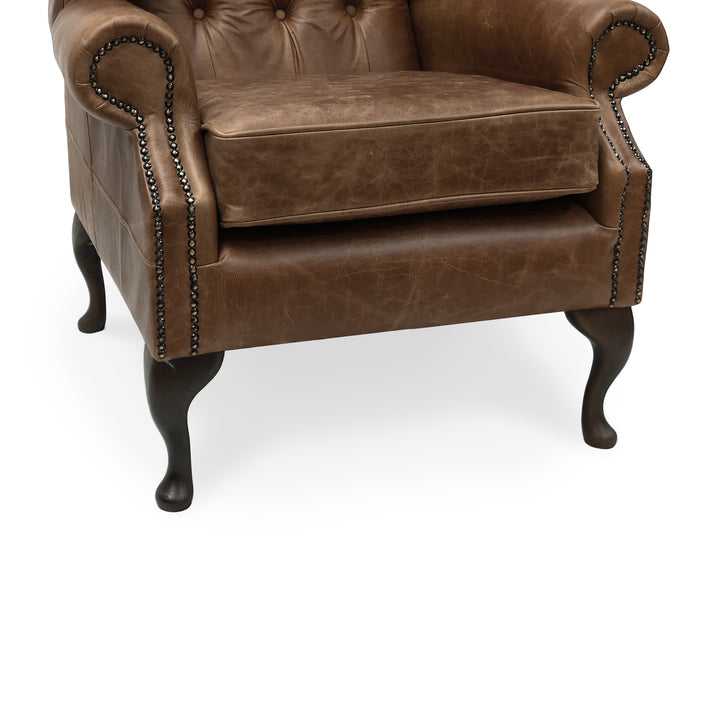 The 'Queen Anne' Vintage Leather Chesterfield Wing Back Armchair