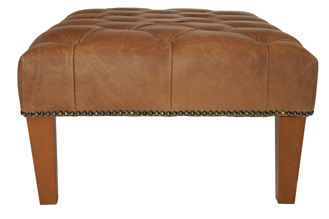 Chesterfield Buttoned Footstool in Distressed Vintage Leather