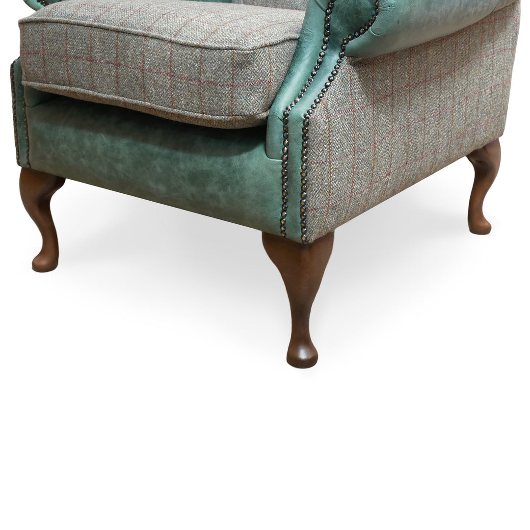 Berkley Chesterfield Wingchair and Footstool in Green Vintage Leather and Harris Tweed
