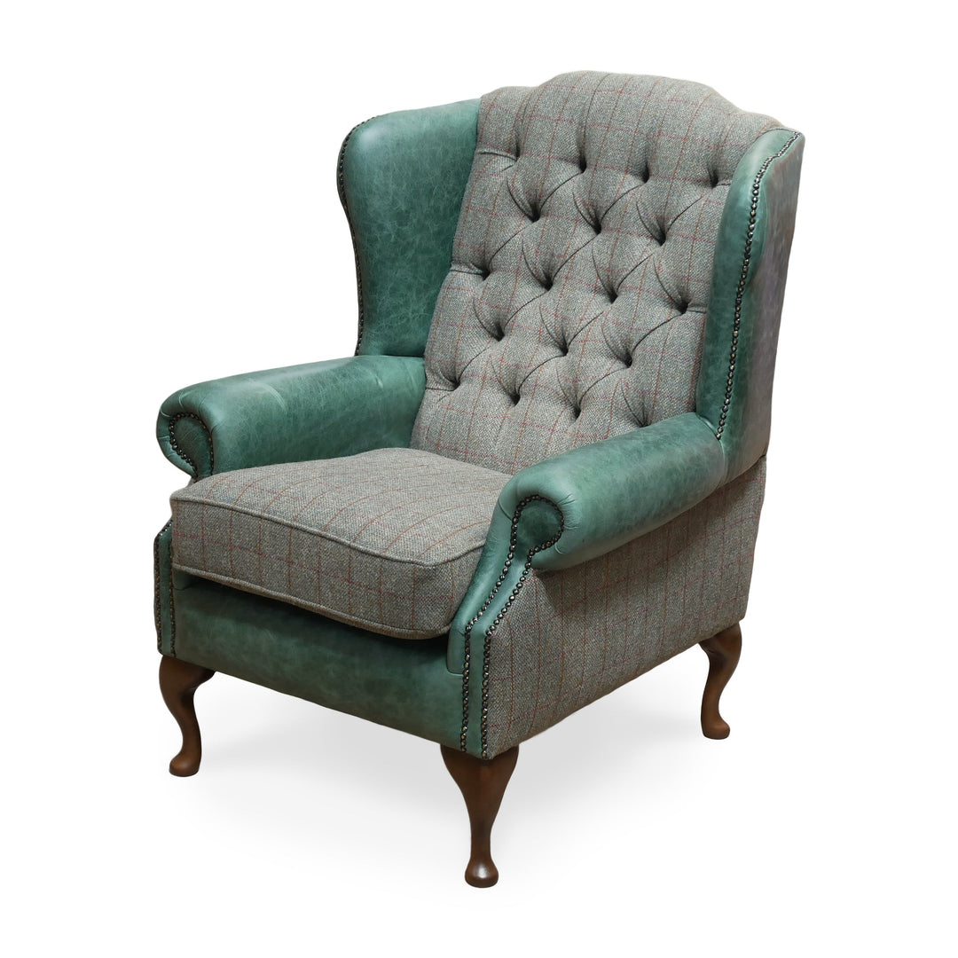 Berkley Chesterfield Wingchair and Footstool in Green Vintage Leather and Harris Tweed