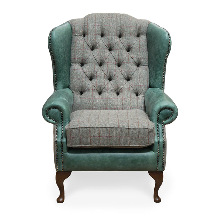 Berkley Chesterfield Wingchair in Green Vintage Leather and Harris Tweed