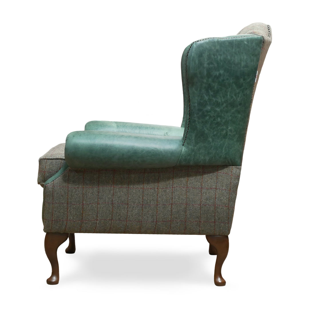 Berkley Chesterfield Wingchair in Green Vintage Leather and Harris Tweed
