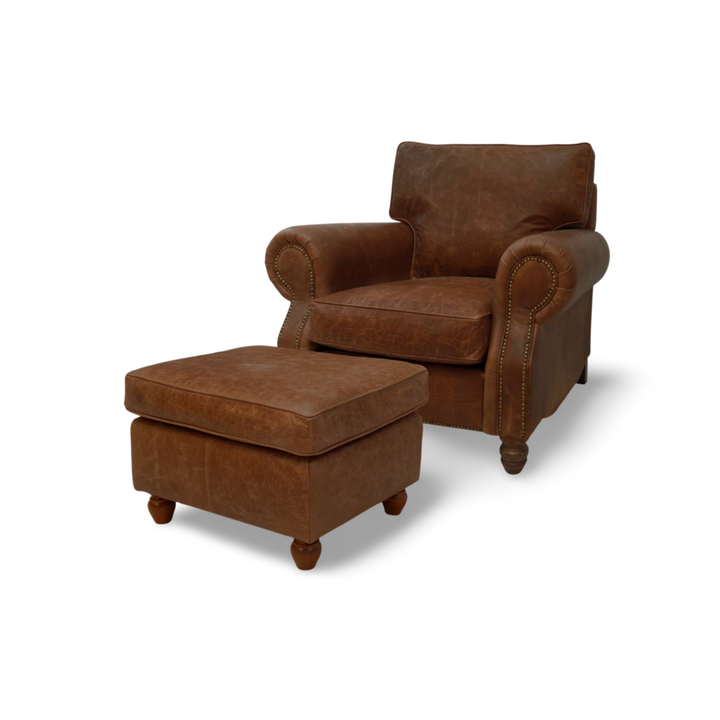 The 'Hepburn' Distressed Vintage Leather Armchair and Footstool