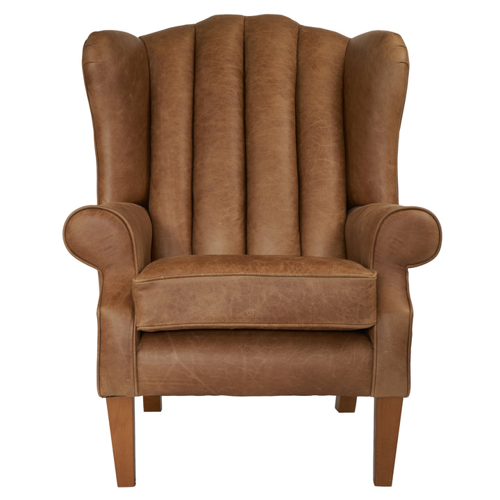 Fluted Vintage Leather Berkley Wing Chair with Footstool