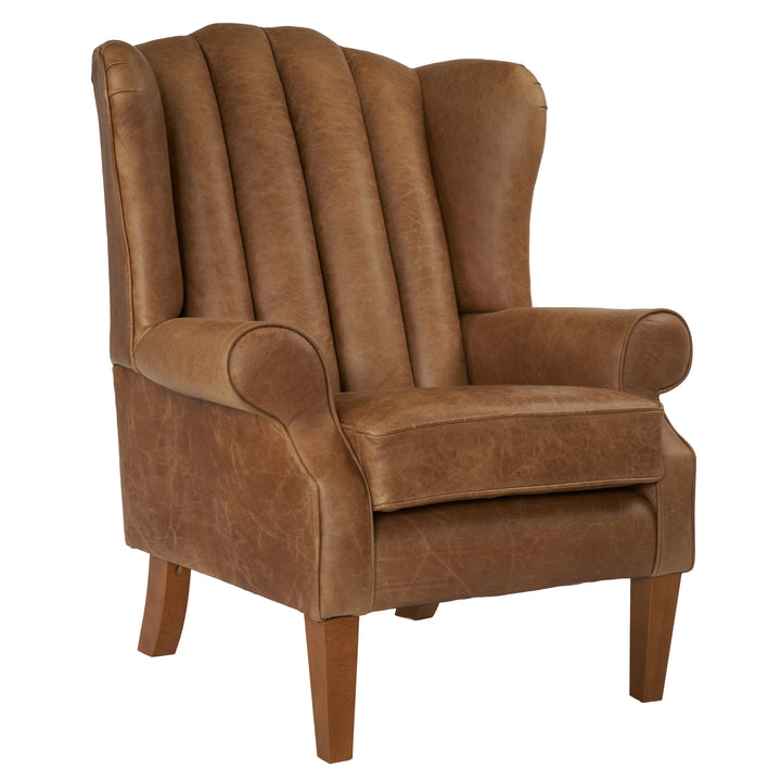Fluted Vintage Leather Berkley Wing Chair with Footstool