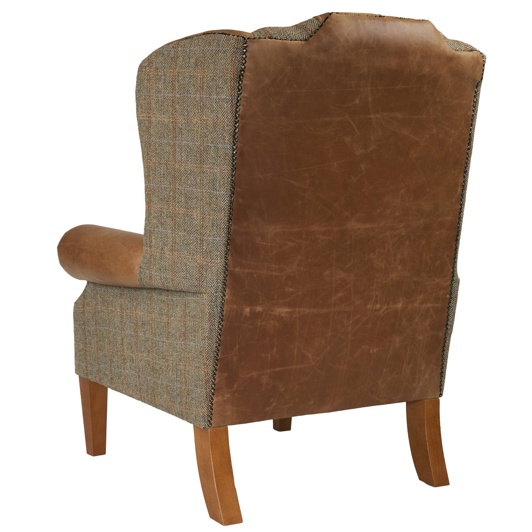 Berkley Chesterfield Wingchair and Footstool in Distressed Vintage Leather and Harris Tweed