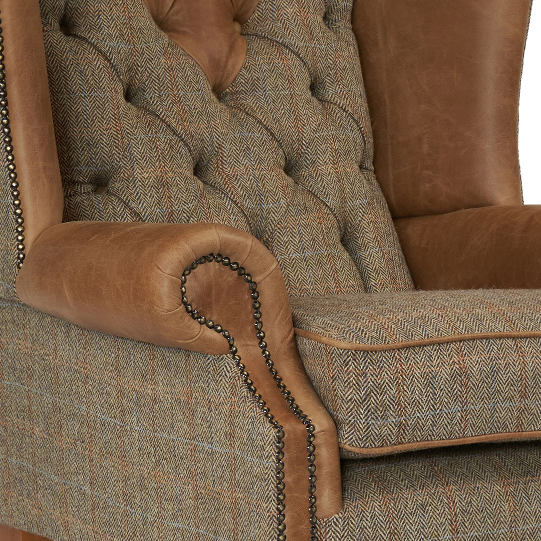 Berkley Chesterfield Wingchair in Distressed Vintage Leather and Harris Tweed