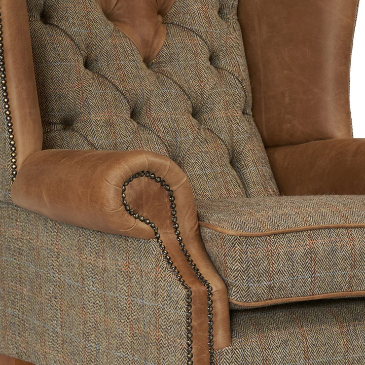 Berkley Chesterfield Wingchair and Footstool in Distressed Vintage Leather and Harris Tweed