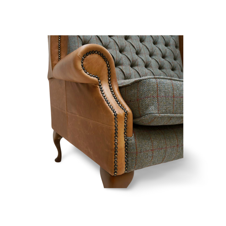 The Queen Anne Chesterfield Harris Tweed and Vintage Leather Wingback Sofa
