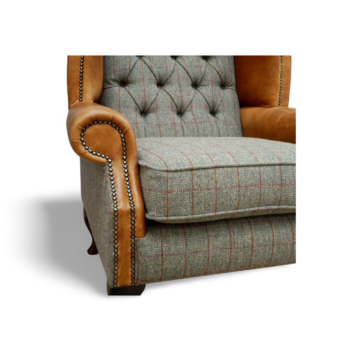 The Queen Anne Chesterfield Harris Tweed and Vintage Leather Armchair