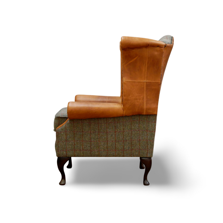 The Queen Anne Chesterfield Harris Tweed and Vintage Leather Armchair