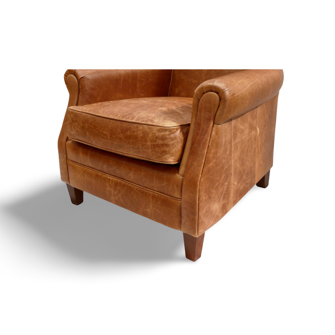 The 'Burlington' Club Armchair in Vintage Leather and Footstool