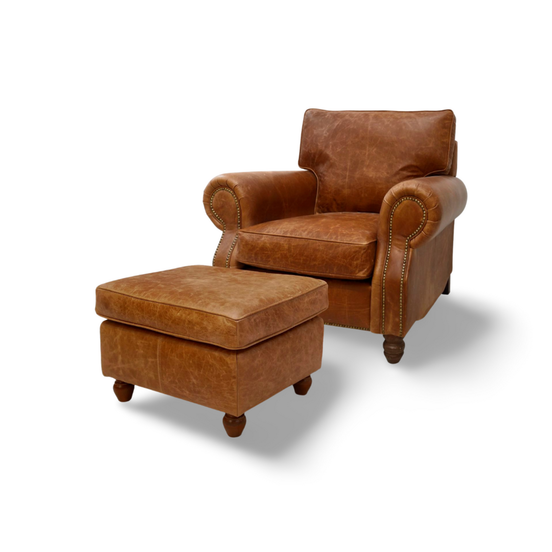 Distressed leather online chair and ottoman